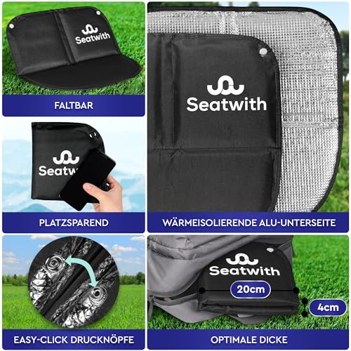 Seatwith 2X Faltbares Iso-Sitzkissen (40x40cm) mit Wärme isolierender ALU Unterseite + Tragetasche & Karabinerhaken für ideale Befestigung am Rucksack maximaler Schutz vor Kälte Nässe Schmutz