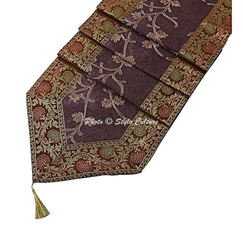 Image of Coffee & Purple Table Runner Cloth for Dining Table Long Ari Zari Embroidery Banarsi Indian Satin Ethnic 72 Inch Runner Up with Tassels Living Room Tablecloth Overlay
