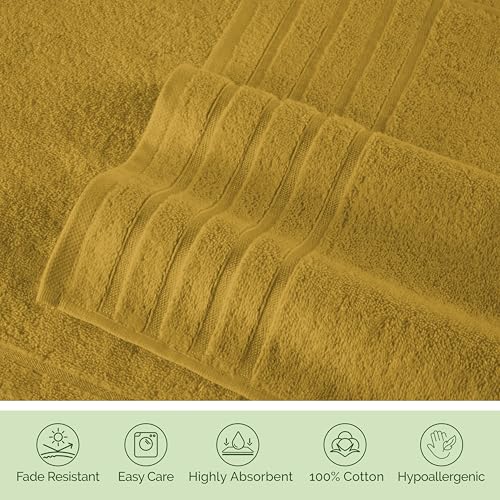 Image of Elegant Comfort 100% Turkish Cotton 4 Lines Viscose Stripe Luxury 4 Pack Hand Towel Set - Ultra Absorbent and Soft 16 x 28 Inch Premium Hotel Spa Quality Towels for Everyday Bath Use, Gold