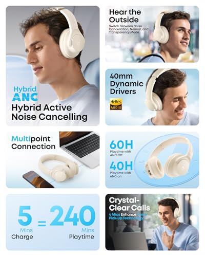 Image of soundcore by Anker Q20i Hybrid Active Noise Cancelling Headphones, Wireless Over-Ear Bluetooth, 40H Long ANC Playtime, Hi-Res Audio, Big Bass, Customize via an App, Transparency Mode (White)