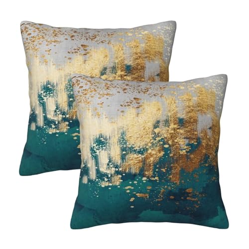 Emerald Green and Gold Throw Pillow Covers Set of 2 18x18 Inch, Teal Gold Modern Decorative Square Pillowcases for Couch Sofa Living Room Bedroom Car Office, Christmas Green Pillow Covers, Home Decor