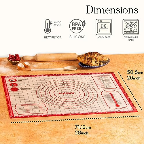 Kitzini Silicone Pastry Mat, Non Slip Baking Mat, BPA-Free Silicone Baking Sheet, Extra Large Silicone Mats for Baking, Rolling Pastry, Dough, Pizza & Cookies, Kneading Mat - 28 x 20 inches