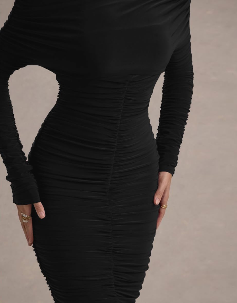 LAGSHIAN Women's Elegant Bodycon Long Sleeve Midi Dress Fall Off The Shoulder Ruched Cocktail Party Dresses - Image 6