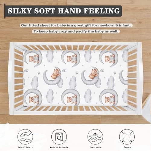 Image of Teddy Bears Fitted Crib Sheet Watercolor Moon Star Clouds Standard Crib Mattress Fitted Sheet Grey Baby Toddler Bed Mattress Sheets for Boys Girls 28 inchx52 inch
