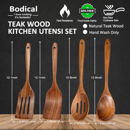 Image of Wooden Spoons for Cooking, 4 Piece Teak Cooking Utensils Set | Natural Premium Teak, Large Kitchen Wooden Spoons, Cooking Gifts