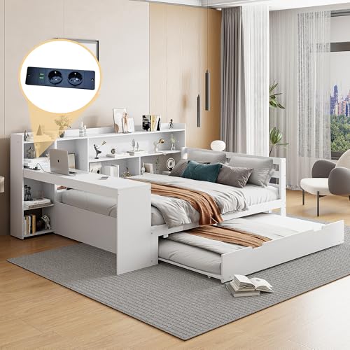 Dolamaní Tagesbett Ausziehbares Bett 140x200 cm/ 90x190 cm, Mit Schreibtisch Bücherregalen Ablagefächern und Regalen, Funktionsbett (Weiß)