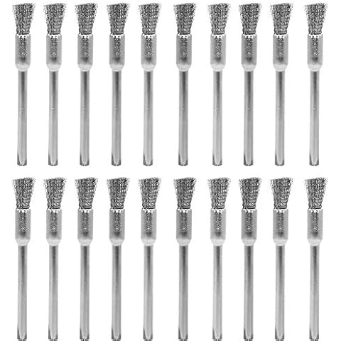 20 pcs Steel Cleaning End Brushes Pen 1/5″(5mm) x 1/8″(3mm) Wire Brush Rust Paint Removal Bits Polishing Rotary Tools Cover