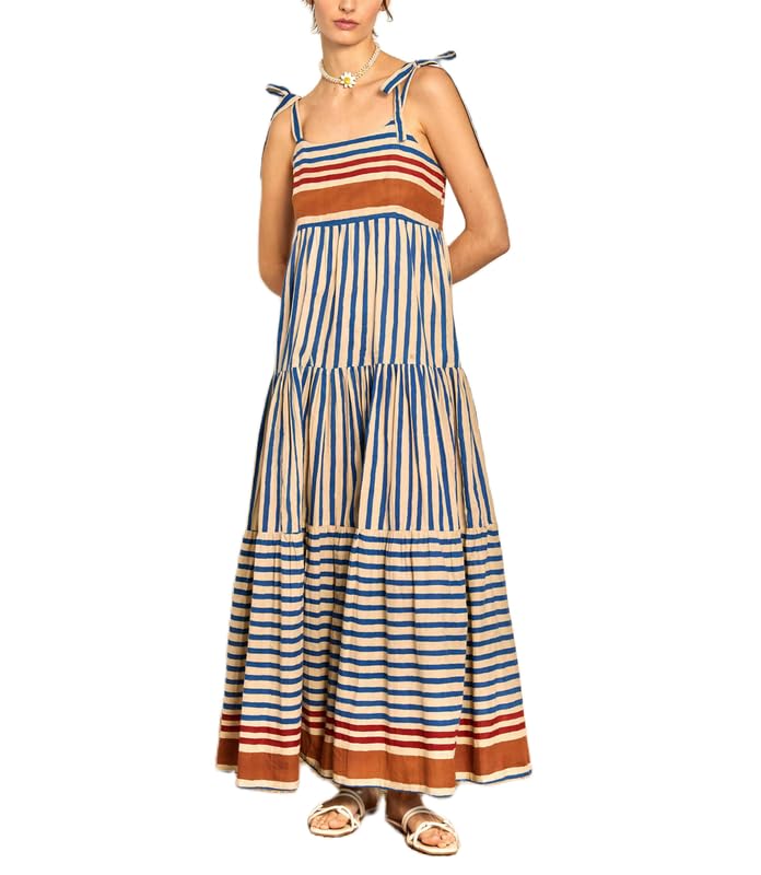 Image of SOOKABEILA Women Striped Sleeveless Maxi Dress Flowy Smocked Tie Shoulder Dress Backless Spaghetti Strap Boho Sundress