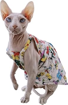 Hairless Cat Clothes Summer Breathable Floral Printed Spaghetti Strap Casual Dress Elegant Sleeveless Maxi Skirt,Soft Cotton Beach Dress for Sphynx, Cornish Rex, Devon Rex, Peterbald L
