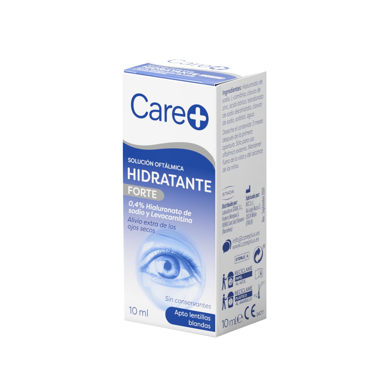 l carnitine for eyes Care+, Forte Hydrating Ophthalmic Solution, 0.4% Sodium Hyaluronate and  L-Carnitine, Dry Eye Relief Drops, Moisturizing Eye Drops Compatible with