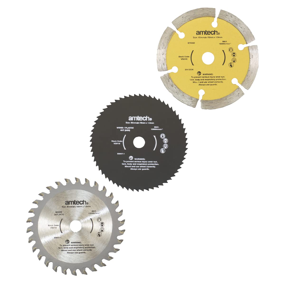 Amtech V5010 3 Piece 85mm Mini Circular Saw Blade Set, Cuts Wood, Plastic, Concrete, Masonry & Tiles, Universal 10mm Bore Size - Image 3