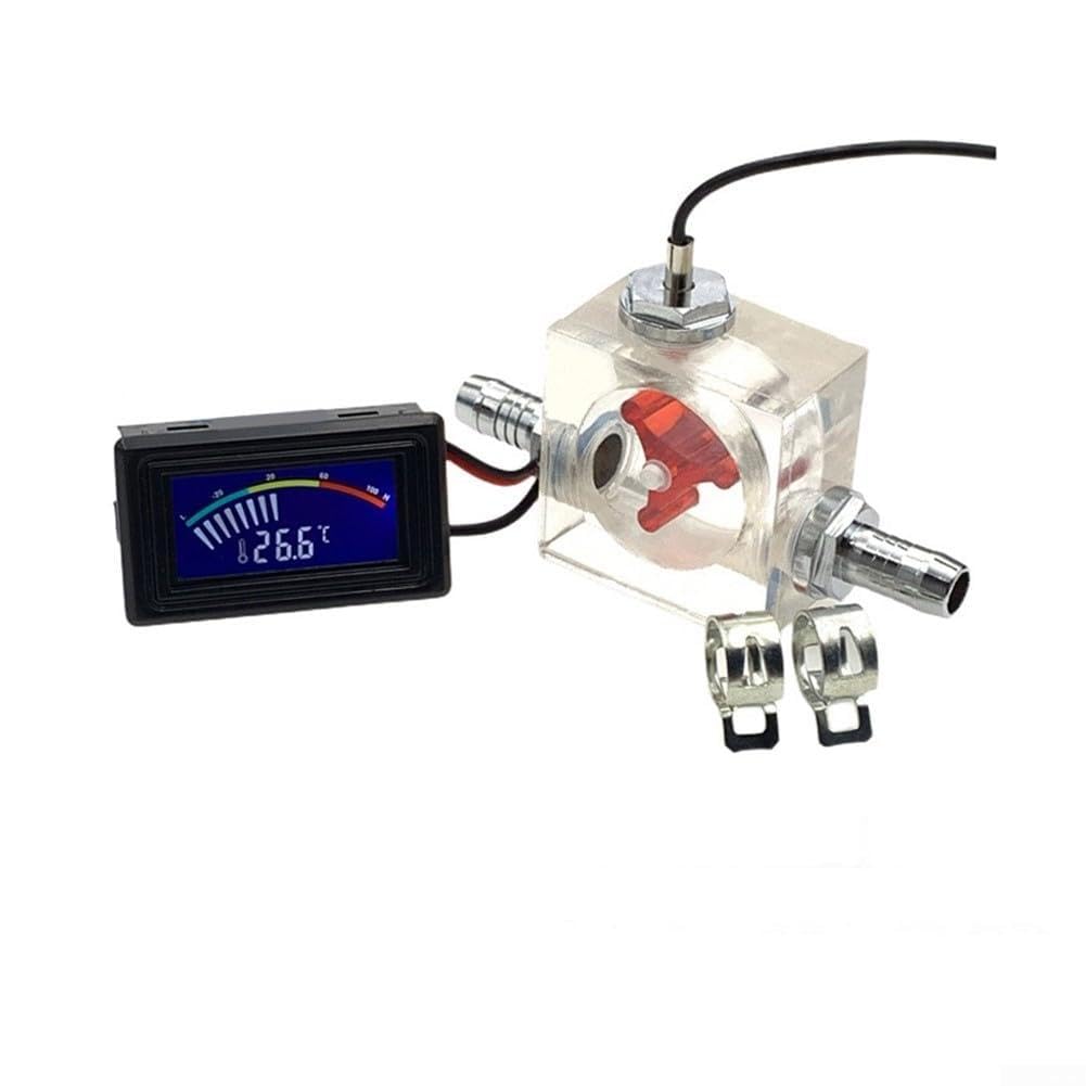 Three-Way Flow Meter with LED Thermometer - For Water Cooling System, Acrylic Liquid Cooler Gauge with Pagoda Clip Connectors and Hose Clamps(red pointer)