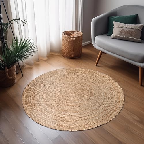 Hausattire Hand Woven Jute Braided Rug, 3’ Round – Natural, Reversible Boho Entry Area Rugs for Kitchen, Living Room I Farmhouse Decorative Floor Rug, 3 Feet Round