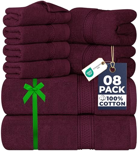 Image of Utopia Towels 8 Piece Luxury Towel Set - Majestic Plush, Super Absorbent & Quicker-to-Dry, Thick 100% Ring Spun Cotton Towels for Bathroom, Spa & Hotel - 2 Bath, 2 Hand, 4 Washcloths, Burgundy