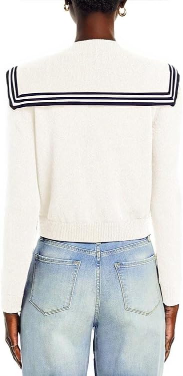 Women's V Neck Cardigan Sweaters Cropped Sailor Collar Button Up Knit Long Sleeve Open Front Coat - Image 3