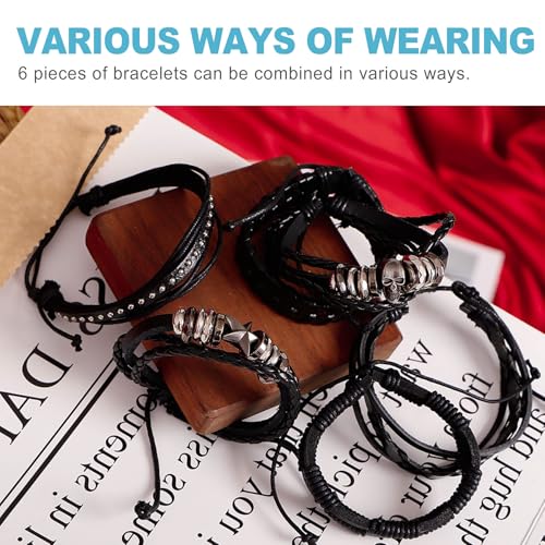 CoguZed 6 Pack Pulseras de Cuero Punk Ajustables miniatura 4