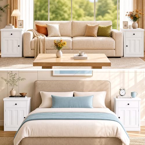 Image of LIKIMIO Modern Nightstand with Drawer & Cabinet, for Bedroom /Living Room | Farmhouse Bedside Table,Ample Storage, Sturdy and Durable, Easy Assembly, White