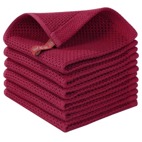Image of Homaxy 100% Cotton Waffle Weave Kitchen Dish Cloths 6-Pack, Magenta | 12 x 12 Inches, Ultra Soft Absorbent Dish Towels, Quick Drying Dish Rags with Hanging Loop