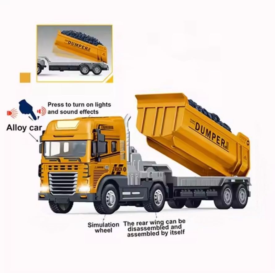 Image of Die cast Alloy Model Dumper Transport Truck Toy for Kids Boys 1:24 Friction Powered Excavator Construction Toys Dump Trailer with Lights Sounds Pull Back Vehicles (Multicolor, Pack of 1)