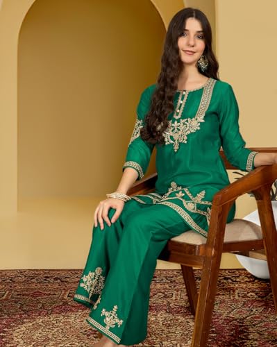 Image of Amazon Brand - Tavasya Women Silk Blend Zari Sequence Thread Embroidered Kurta with Palazzo |Ethnic Wear