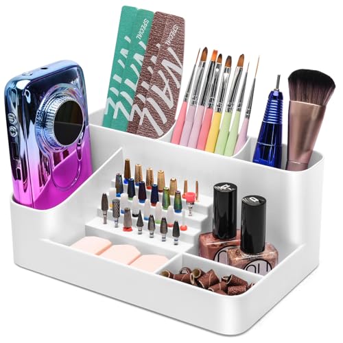 CGBE Nail Drill Holder, 28 Holes Nail Drill Bit Holder, Plastic Nail Drill Bits Organizer, Professional Nail Organizer and Storage Box Case for Nail -White (Not Including Nail Drill Machine & Bit)