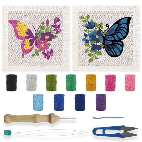 Image of BEUNITONE 2 Sets DIY Punch Needle Kits for Beginners,Butterfly Pre-Printed Pattern,Embroidery Punch Needle Starter Kits for Adults,Includes Pre-Printed Cloth,Yarns,Hoops,Threader and Instructions