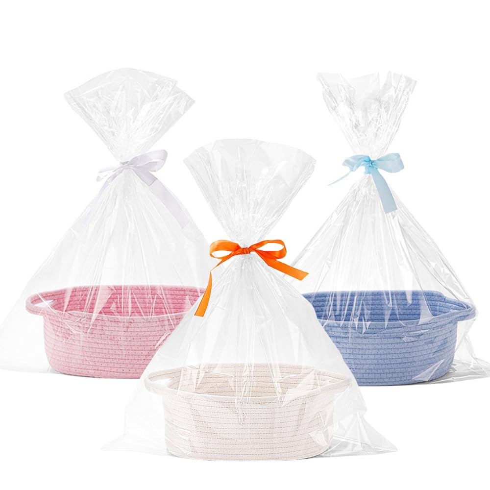 Cesta tejida pequeña de 3 piezas con bolsas de regalo y cintas, cestas de regalo para cumpleaños, Navidad, boda, graduación, canastas duraderas para almacenamiento de regalos (blanco roto, rosa, azul)