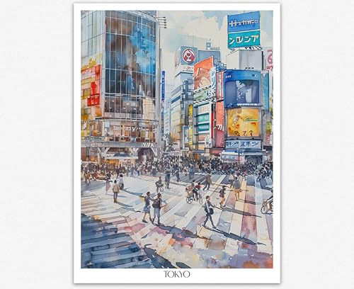 Affiche aquarelle Shibuya Crossing souvenir de Tokyo - Tableau décoration urbaine Japon