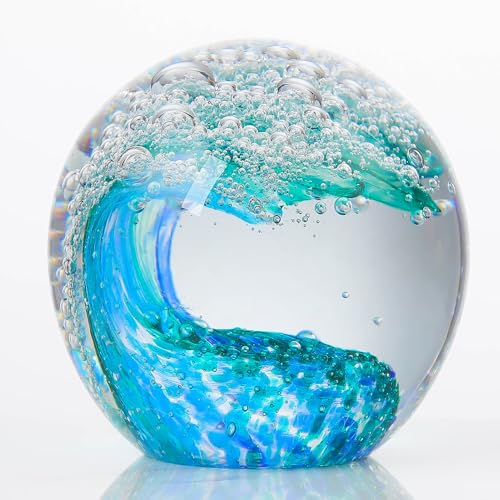 Qianwei Hand Blown Ocean Waves Crystal Ball - Glass Collectible Figurines Spere - Paperweight Glass...