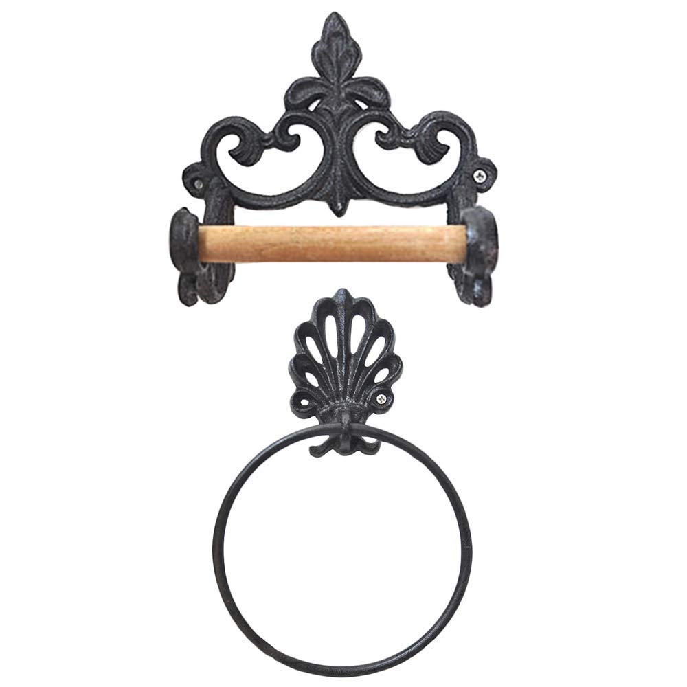 Yosicilwaroom 2-Piece Set Towel Ring Industrial Hanger Vintage Decoration Industrial Cast Iron Wall Mounted Round Bath Towel Holder Wall Hanging Hanger Rack (2-Piece Set)