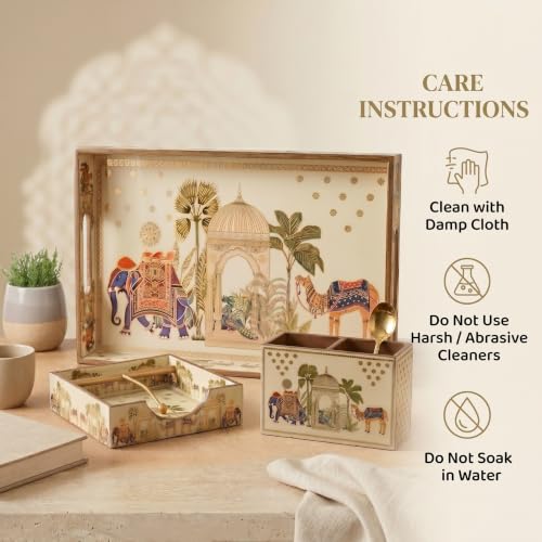 Image of Wooden Serving Tray Combo | Large Serving Tray, Napkin Holder & Cutlery Organizer | Traditional Indian Decor | Waterproof Resin Coated | Dining & Kitchen Use