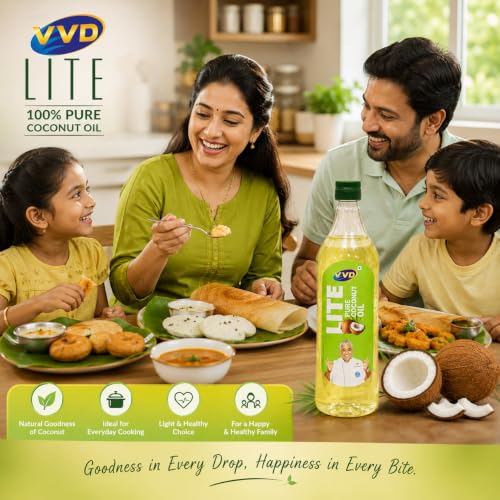 Image of VVD Lite Pure Coconut Oil 1 litre Bottle | Pure Coconut Oil for Cooking | Natural Coconut Cooking Oil | Edible Cooking Oil | Light | Rich Coconut Aroma & Taste | Free from Argemone Oil | Non - sticky | Non-greasy | Less Viscous | Best Value for South Indian Cooking