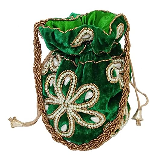 Purpledip Bolso de chenilla Potli (embrague, bolso con cordón), Green, Large