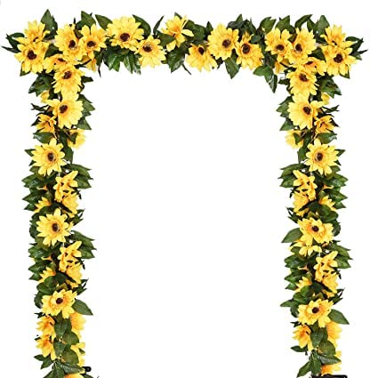 Image of Artificial Sunflower Garland Silk Sunflower Vine Artificial Flowers with Green Leaves Wedding Table Decor (1)
