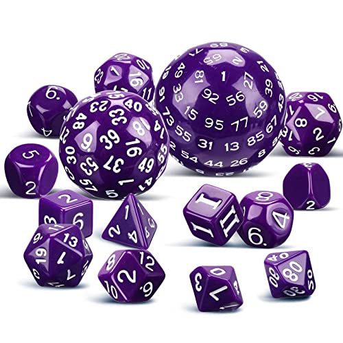 Civaner 15 Pcs Complete Polyhedral Dice Set D3-D100 Spherical RPG Dice Set in Opaque Black, 100 Sides for Role Playing Table Games Party Supplies(Purple and White)