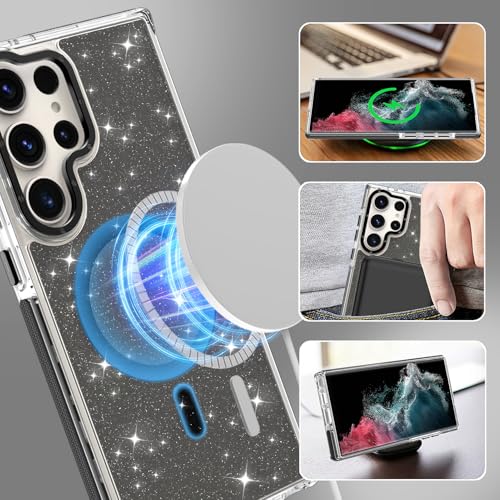 Image of Magnetic Case for Samsung Galaxy S22 Ultra [Compatible with Magsafe] [Bling Glitter Fluorescent Design] [1 Screen Protector] Slim Translucent Matte Case for Galaxy S22 Ultra 6.8 inch, Black