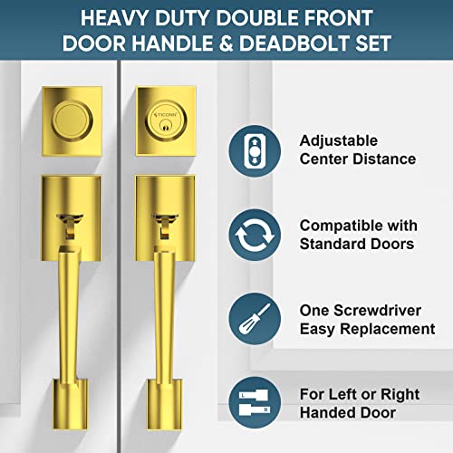 Image of TICONN Double Front Door Handle Set, Heavy Duty Square Door Lever and Single Cylinder Deadbolt Combo for Side by Side Entrance Exterior Doors (Polished Brass)