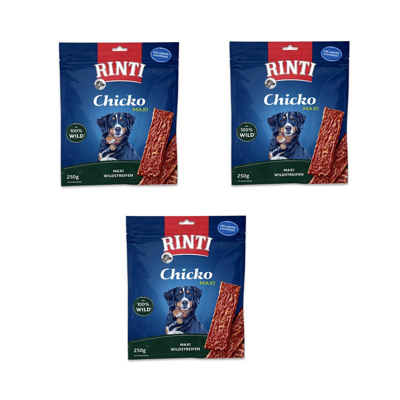 Rinti Chicko Maxi Wild | 3er Pack | 3 x 250 g | Ergänzungsfuttermittel für ausgewachsene Hunde | Leicht bekömmlich und gut verdaulich | Zarte Wildfleisch-Streifen | Ohne Soja