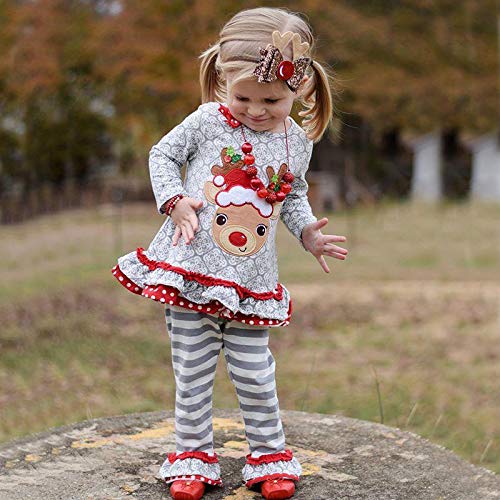 CM C&M WODRO Toddler Baby Girl Christmas Deer Outfit Long Sleeve Ruffle Top Fall Clothes Striped Flare Pants Set3