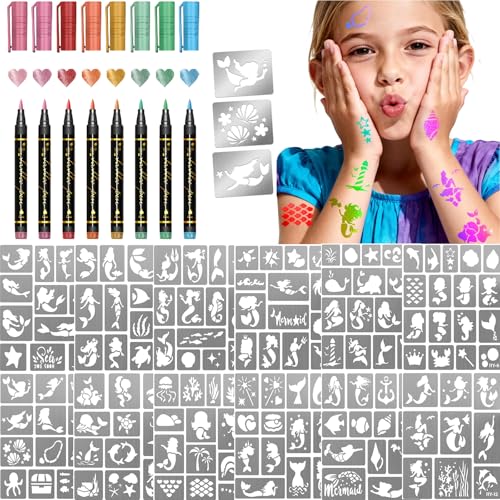 Temporary Tattoo Markers for Skin, 8 Metal Body Markers + 157 Mermaid Tattoo Stencil Stickers...