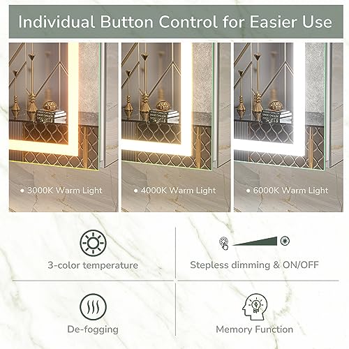 Tokeshimi 30X26 Lighted Medicine Cabinet For Bathroom With Mirror And Electrical Outlet Anti-Fog 3 Colors Temperature Dimmable Surface Or Recessed Mount For Bathroom Storage thumb #4