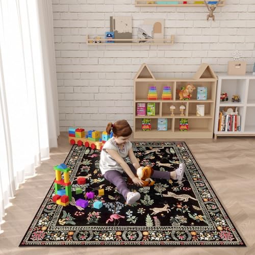 Bedroom Rug 3x5 Rug Washable Area Rug Non Slip Low Pile Boho Floral Animal Small Carpet for Bedroom, Bedside, Kitchen, Entryway, Kids Room, Office, College Dorm Essentials for Girls (Black)