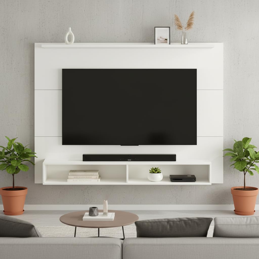 Willium Modern Wall Mounted TV Unit with Storage Shelf | Wooden Entertainment Panel for Living Room | Floating TV Stand for 55–75 Inch TV | Engineered Wood Wall Unit (Exotic Teak & White)-image-18