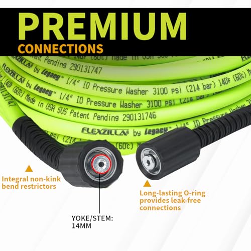 Image of Flexzilla Pressure Washer Replacement Hose, 1 /4 in. x 50 ft., 3100 PSI, M22 Fittings, No-Kink, Lightweight, ZillaGreen
