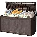 Flamaker Outdoor Storage Box 100 Gallon Waterproof Resin Deck Box Delivery with Air Rod Indoor Outdoor Lockable Storage Bench for Patio Cushions, Tools, Pool Accessories (Deep Brown)