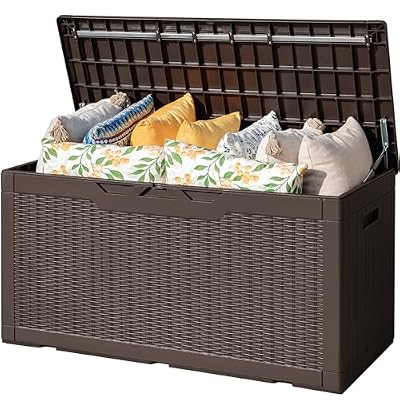 Flamaker Outdoor Storage Box 100 Gallon Waterproof Resin Deck Box Delivery with Air Rod Indoor Outdoor Lockable Storage Bench for Patio Cushions, Tools, Pool Accessories (Deep Brown)