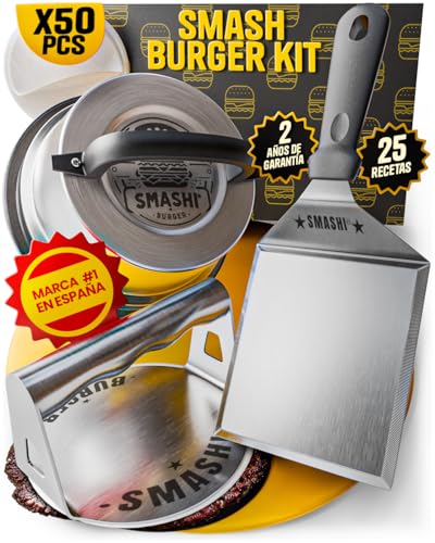 SMASHI® Smash Burger Kit Piezas Profesional Acero Inoxidable 304 Certificado EU Contacto Alimentos | Prensa Hamburguesas Smasher Tratamiento Antiadherente | El Auténtico Kit Smash Burger (Experto)