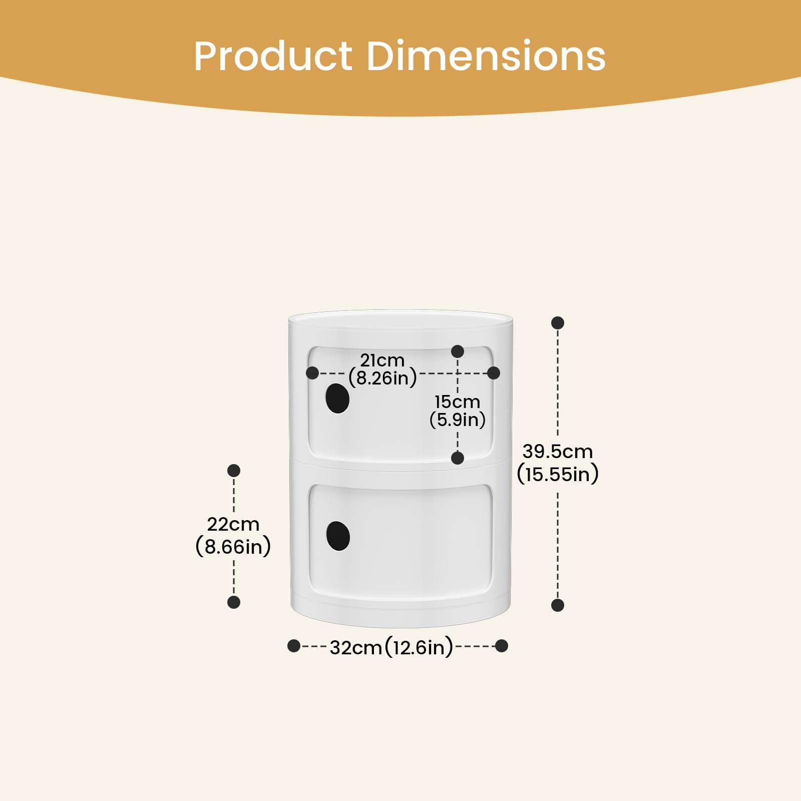 Comodino Rotondo Componibile, Organizer per Cassetti da Cucina, Camera da Letto, Soggiorno, Bagno – Bianco, Unità a 2 Scomparti × 1