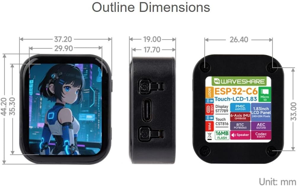 ESP32-C6 1.8インチタッチディスプレイ開発ボード、240&times;284、オンボードオーディオコーデックチップ、内蔵マイクとスピー