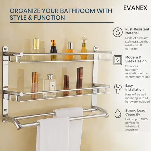 Image of EVANEX 3-Layer Bathroom Shelf 304 Grade Stainless Steel Bathroom Organizer Racks and Shelves | Bathroom Storage Shelf with Towel Bar | Wall Mount Multipurpose Shelf | Bathroom Accessories Set